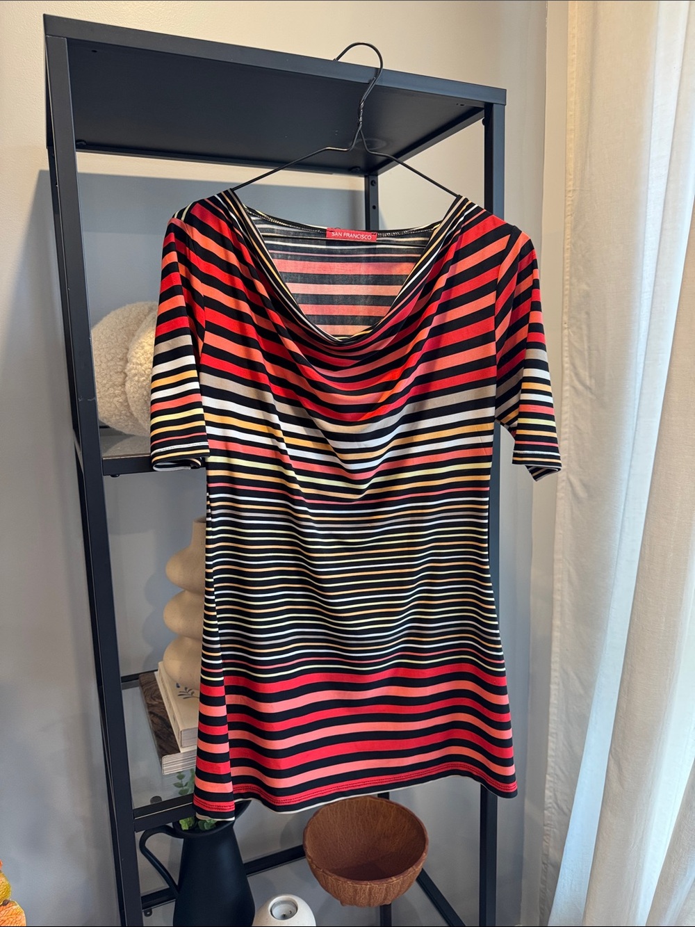 020. Red & Black Striped Cowl Neck Women's Top